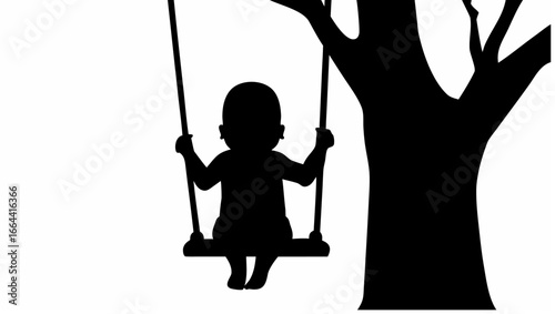 Silhouette of a child on a swing hanging from a tree branch in a monochrome black and white image style