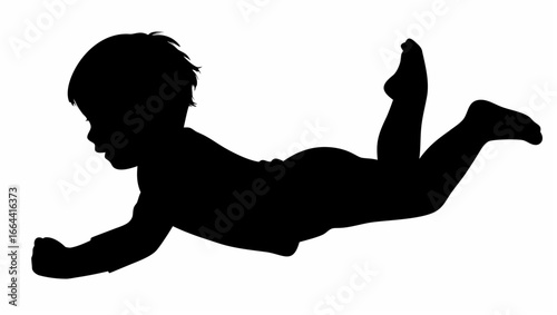 Silhouette of baby on stomach with legs raised against a white background in a studio setting