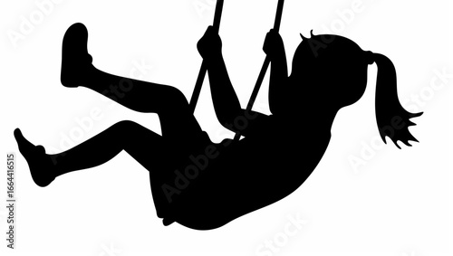 Silhouette of a girl with pigtails swinging on a swing set in a playful and carefree manner outdoors