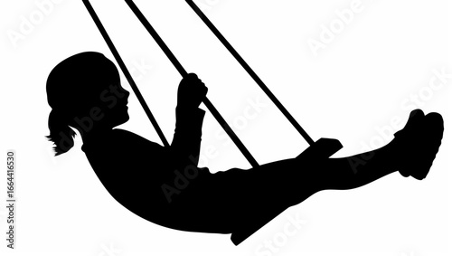 Silhouette of a child on a swing set with visible ropes and feet in a playful outdoor scene depicted