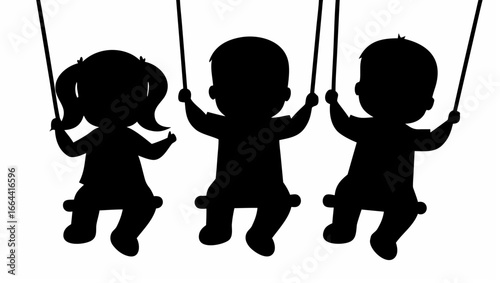 Silhouette illustration of three children enjoying themselves on swings in a playful and simple design
