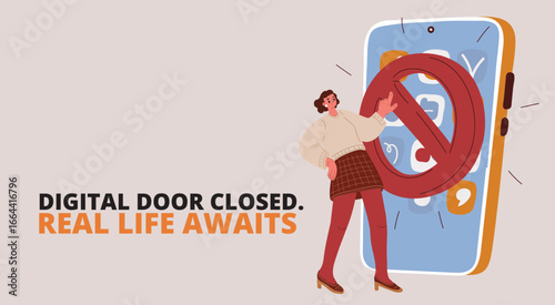 Cartoon vector illustration of a woman standing next to a large phone with a prohibition sign, symbolizing digital detox, unplugging, and mindful technology use