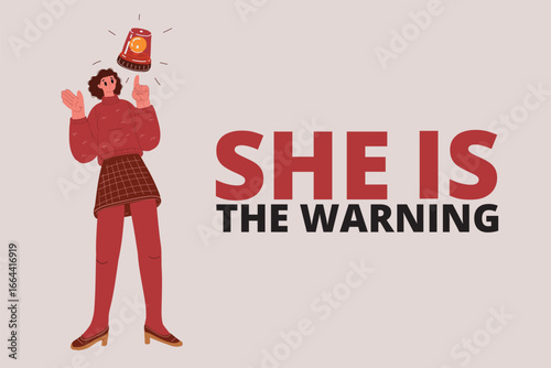 Cartoon vector illustration of a woman standing with an alarm sign above her, symbolizing proactive vigilance, readiness, and personal safety