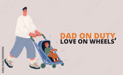 Cartoon vector illustration of a man pushing a stroller with a child inside, symbolizing responsibility, support, and nurturing guidance