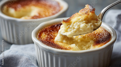 The spoon is scooping creme brulee delight silky vanilla custard with caramelized sugar crusts from ceramic bowl. Delicious creme brulee with creamy texture
