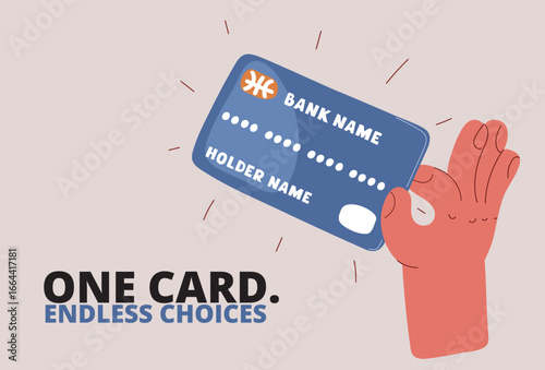 Cartoon vector illustration of a hand holding a credit card, symbolizing financial empowerment, smart spending, and digital convenience