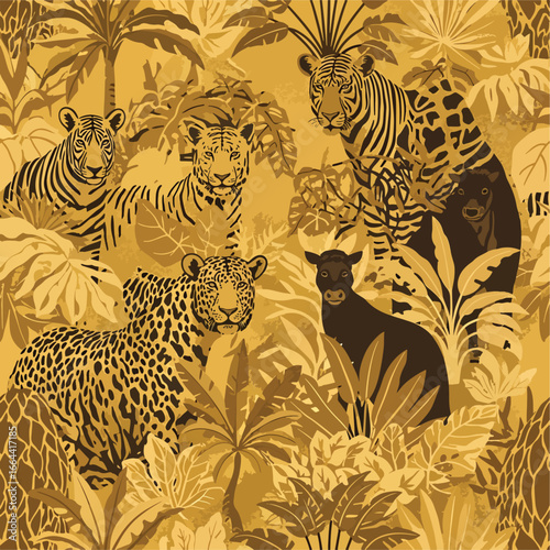 Seamless Pattern, Jungle animals wildlife illustration featuring tigers, leopard and a cow Stock royalty free