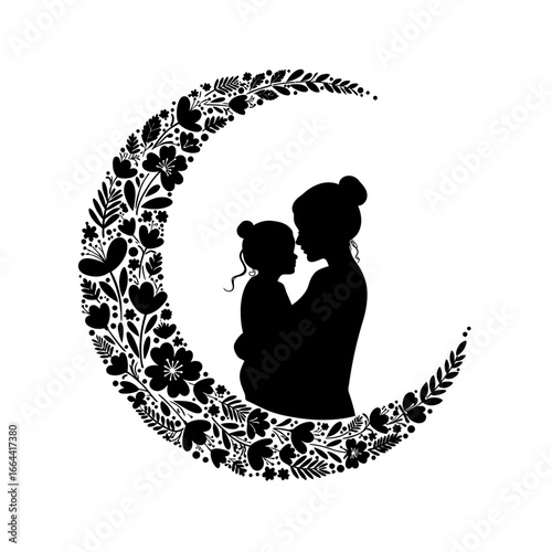 Mother and Child Silhouette with Floral Moon