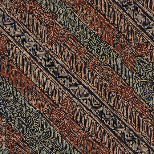 Seamless Pattern, Intricate batik pattern featuring diagonal bands of leaves and geometric shapes Stock royalty free image.