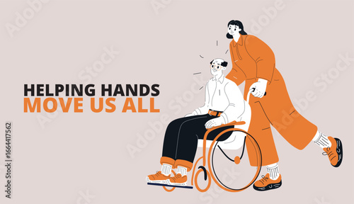 Vector illustration of a woman pushing an elderly person in a wheelchair, symbolizing empathy, assistance, and nurturing support