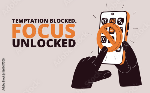 Vector illustration of a hand holding a phone with a prohibition sign on the screen, symbolizing digital detox, mindful device use, and setting boundaries