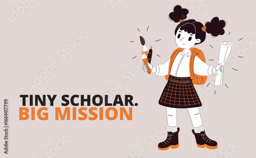 Vector illustration of a young schoolgirl holding paintbrushes and pencils with a backpack, symbolizing creativity, artistic learning, and imagination