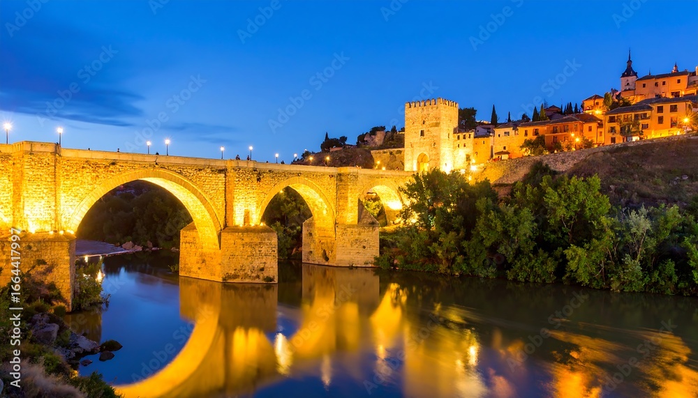 Fototapeta premium Illuminated Bridge and Town at Dusk