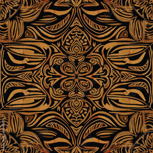 Seamless Pattern, Intricate tribal pattern with symmetrical elements in brown and black hues Stock royalty free image.