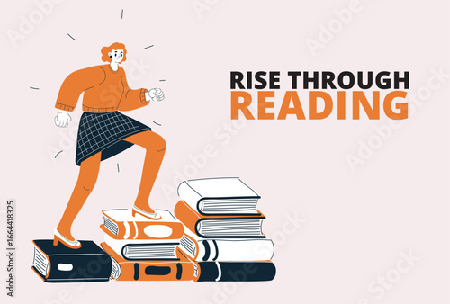 Vector illustration of a woman climbing a towering stack of books, symbolizing ambition, growth, and personal development