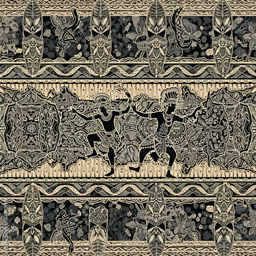 Seamless Pattern, Intricate tribal pattern depicting dancers in a monochromatic color scheme drawing Stock royalty free image.