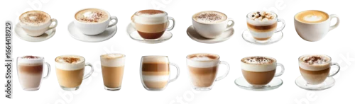 Panel kuchenny z motywem Cappuccino and latte coffee cups with milk foam topping. Assorted hot beverages served in glass and ceramic mugs. Fresh barista drinks highlight café culture and cozy mornings.