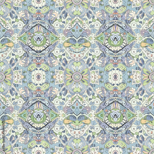 Seamless Pattern, Intricate symmetrical pattern with floral and paisley elements in soft pastel hues Stock royalty free