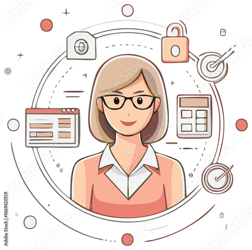 Professional woman in glasses surrounded by icons representing digital security, finance, and data