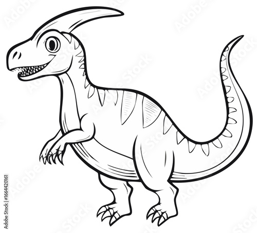 Friendly cartoon Parasaurolophus dinosaur standing black and white illustration