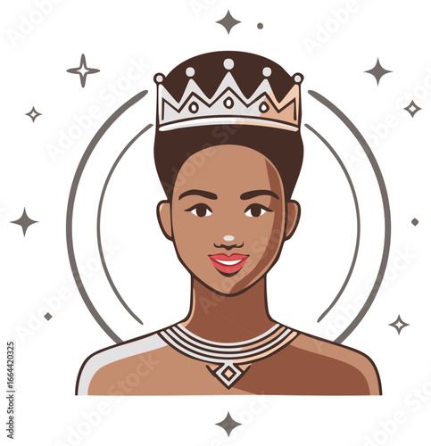 Stylized Portrait of an African Woman with Crown and Jewelry on Neutral Background
