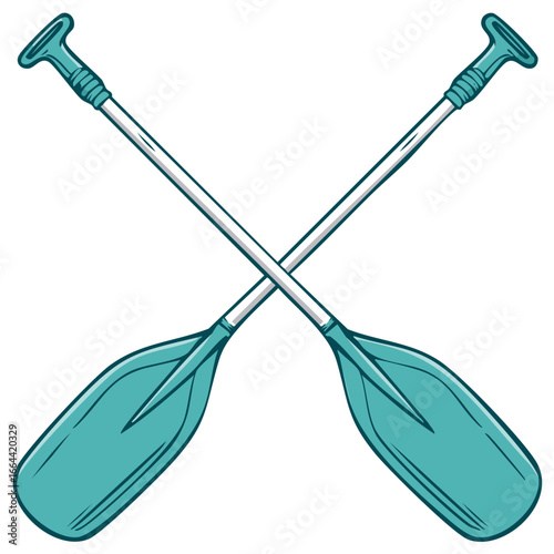 Crossed turquoise paddles illustration for rafting or kayaking sports equipment, design element for outdoor adventure and summer water activities
