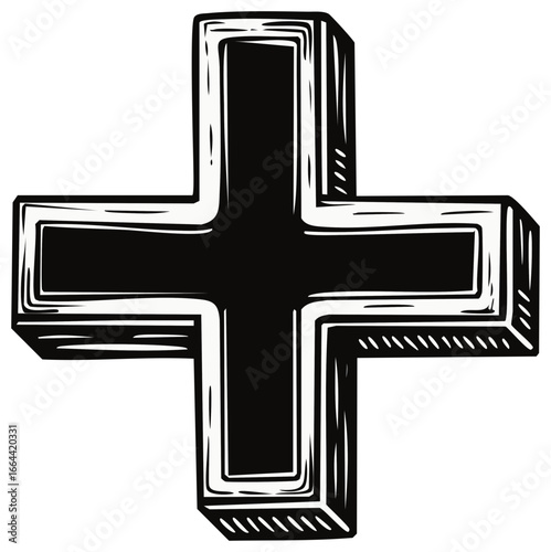 Stylized black plus sign graphic with a three dimensional effect and bold outlines