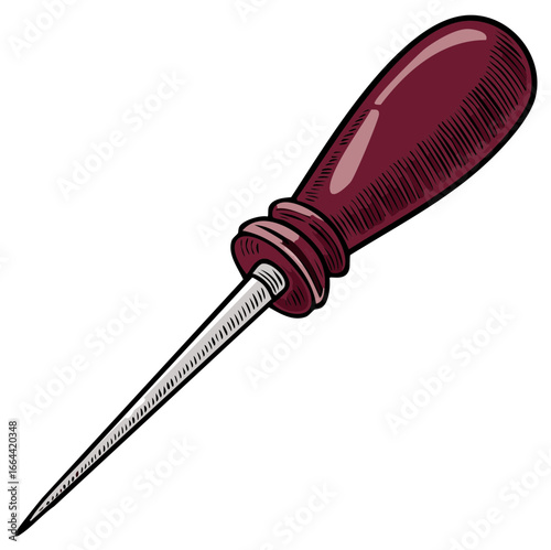 Cartoon Image of an Awl with a Burgundy Handle, Steel Shaft, Used for Piercing Materials and Creating Holes
