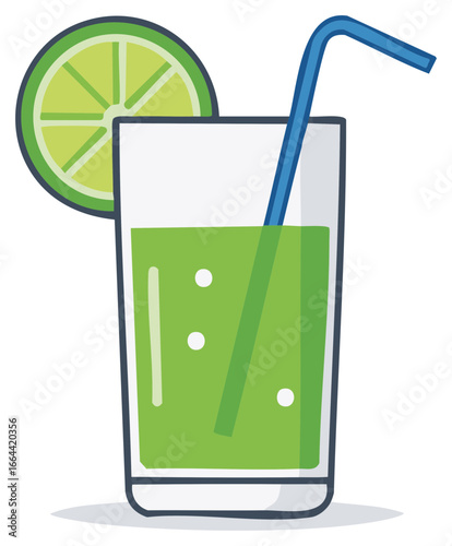 Cold lime soda or fresh green juice in a glass with a straw and citrus slice icon