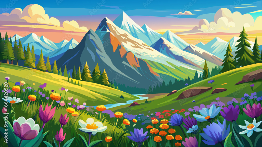 Fototapeta premium Idyllic alpine meadows bloom in springtime, vibrant colors unfolding beneath snow-touched peaks, sunlight warms quiet landscape, eternal harmony whispers softly, nature’s renewal glowing brightly, tim