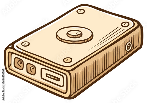 Hand drawn illustration of a vintage portable digital music player or external hard drive