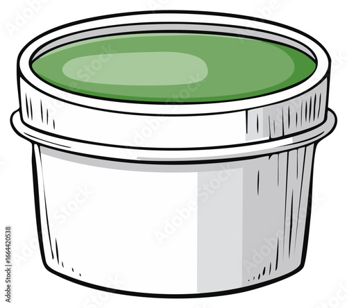Simple illustration of a small white container with green contents and a lid, hand-drawn style.