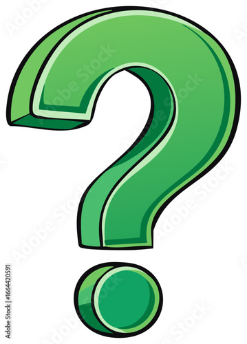 Bold three dimensional green question mark symbol in a cartoon style illustration
