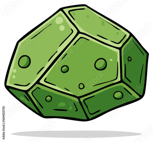 Green polyhedral die for tabletop role playing games cartoon illustration