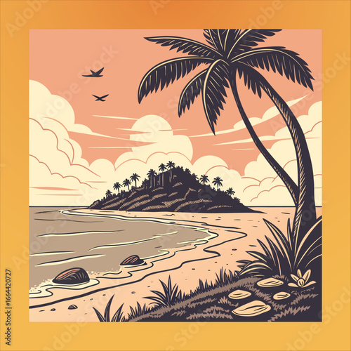 Tropical Beach at Sunset with Palm Trees