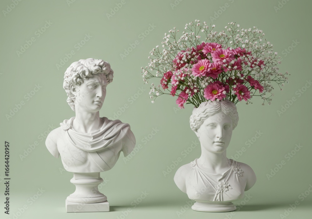 Obraz premium Two classical white marble busts, one holding a vibrant pink and white floral arrangement, set against a soft green background
