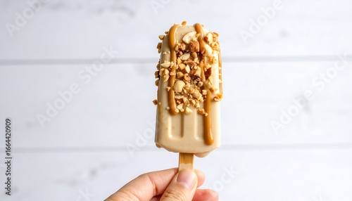 A creamy, light-beige popsicle is adorned with drizzled caramel sauce and crunchy peanut pieces, held delicately in a hand against a plain white background.