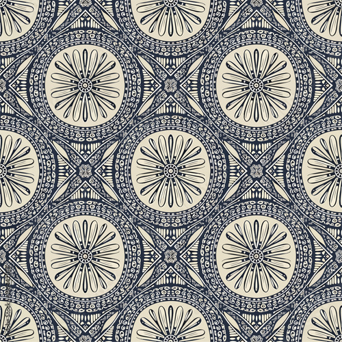 Seamless Pattern, Elegant floral medallion pattern in blue and cream hues creates a vintage aesthetic Stock royalty free