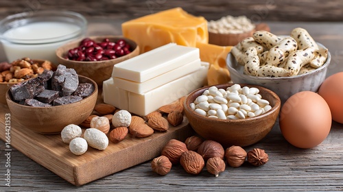 Assortment of healthy protein foods including dairy nuts eggs and grains
