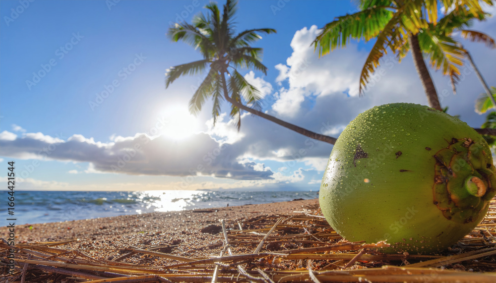 Green coconut on a sun-drenched tropical beach with palm trees and ocean waves, a perfect symbol of summer vacation and exotic travel Green coconut on a sun-drenched tropical beach with palm trees and ocean waves, a perfect symbol of summer vacation and exotic travel