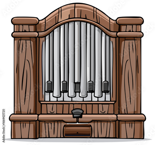 Detailed brown vintage pipe organ with metal tubes and black keys rendered as an illustration