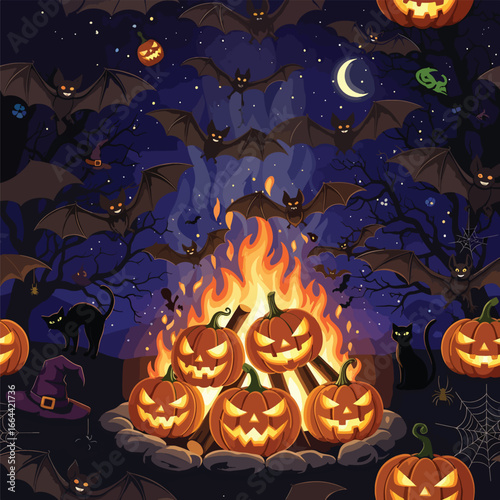 Seamless Pattern, Halloween night illustration with campfire, pumpkins, bats, and black cats Stock royalty free