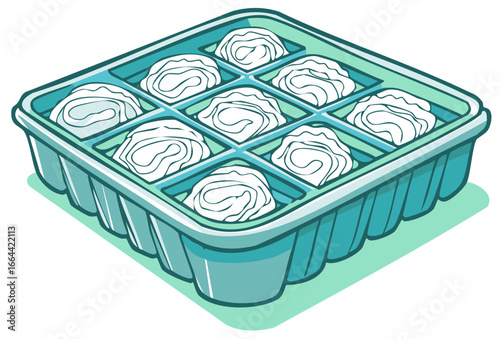 Cartoon ice cube tray filled with frosty cubes waiting for freezing