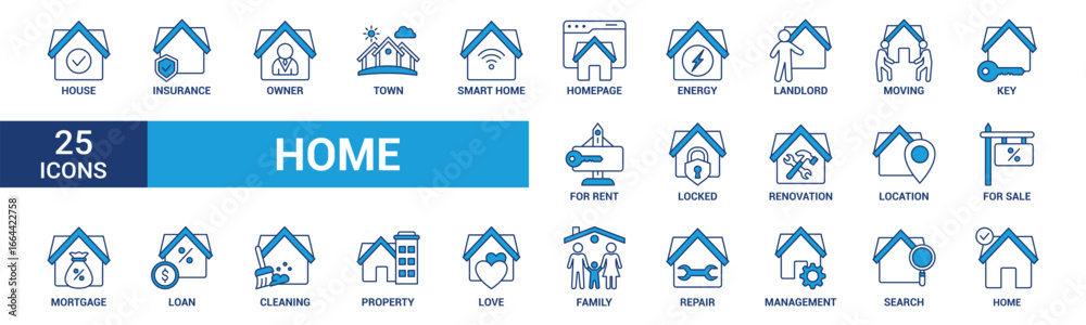 Fototapeta premium Home icon set. Containing house, property, loan, town, landlord, insurance, location, mortgage, for sale and more. Blue vector icons collection.