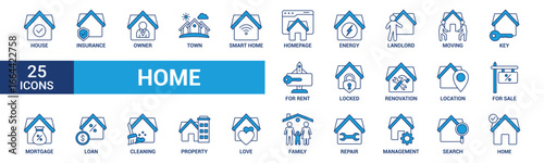 Home icon set. Containing house, property, loan, town, landlord, insurance, location, mortgage, for sale and more. Blue vector icons collection.