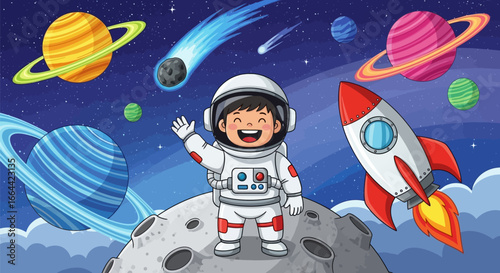 Happy astronaut waving hello on moon with rocket and planets in vibrant cartoon space adventure