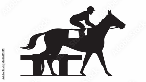 Silhouette of a horse and jockey jumping over an obstacle in a race competition event showing action