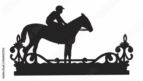 Silhouette of a horse and jockey above an ornate decorative element in black and white design style