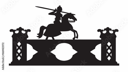 Silhouette of a knight on horseback with a lance above an ornate architectural structure design