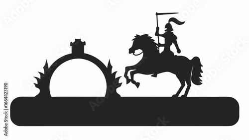 Silhouette of knight on horseback with flag approaching an archway with crenellations and base